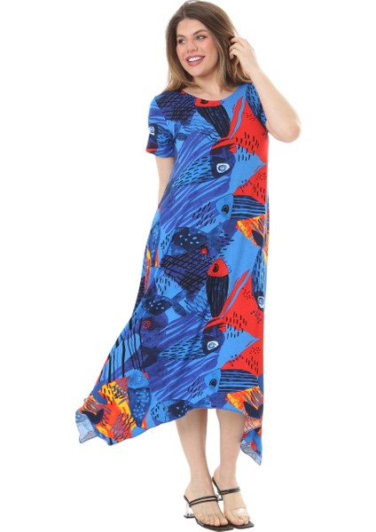 Butik Sax Balık Desen Asimetrik Kısa Kollu Elbise fırsatları