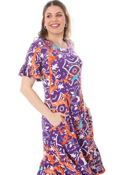 Butik Fırfırlı Cepli Kısa Kollu Mor Retro Desenli Elbise fırsatları