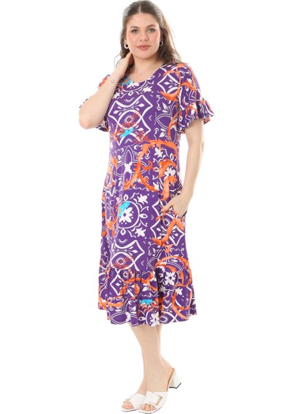 Butik Fırfırlı Cepli Kısa Kollu Mor Retro Desenli Elbise indirimleri