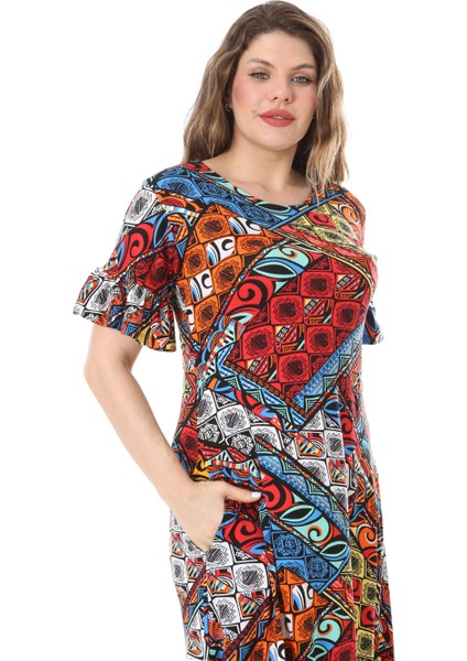 Butik Kısa Kollu Fırfırlı Cepli Mavi Patchwork Desenli Midi Elbise fırsatları