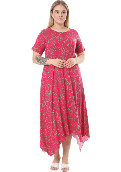 Butik Pembe Çiçek Desen Asimetrik Kısa Kollu Elbise