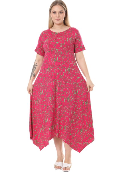 Butik Pembe Çiçek Desen Asimetrik Kısa Kollu Elbise