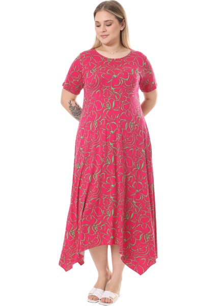Butik Pembe Çiçek Desen Asimetrik Kısa Kollu Elbise
