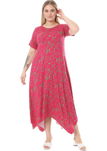 Butik Pembe Çiçek Desen Asimetrik Kısa Kollu Elbise