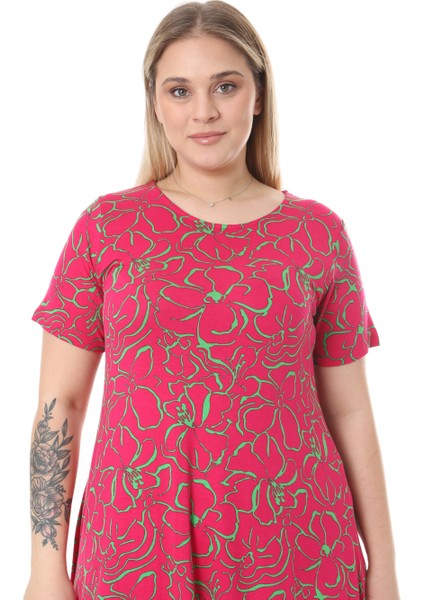 Butik Pembe Çiçek Desen Asimetrik Kısa Kollu Elbise
