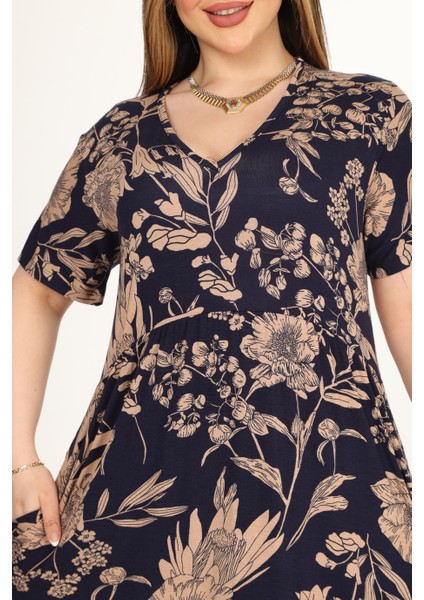 Butik Göğüsten Robalı V Yaka Kısa Kollu Lacivert Palmiye Desenli Cepli Elbise