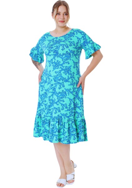Butik Kısa Kollu Fırfırlı Cepli Turkuaz Mercan Desenli Midi Elbise modelleri
