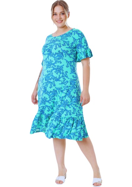 Butik Kısa Kollu Fırfırlı Cepli Turkuaz Mercan Desenli Midi Elbise fırsatları