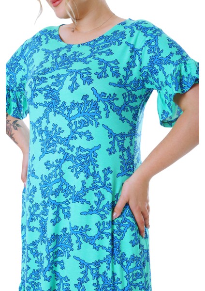 Butik Kısa Kollu Fırfırlı Cepli Turkuaz Mercan Desenli Midi Elbise indirimleri