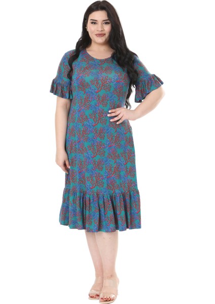 Butik Kısa Kollu Fırfırlı Cepli Mavi Küçük Mercan Desenli Midi Elbise