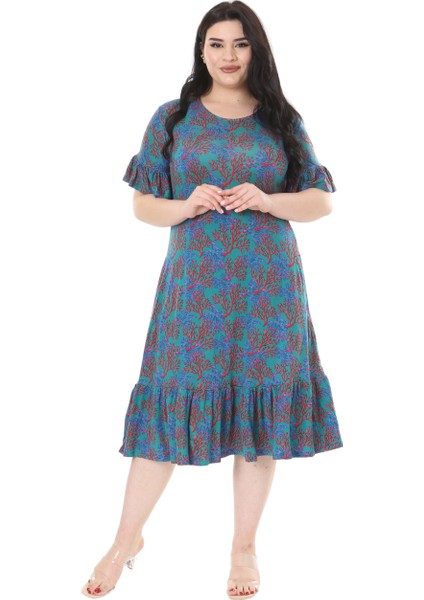 Butik Kısa Kollu Fırfırlı Cepli Mavi Küçük Mercan Desenli Midi Elbise