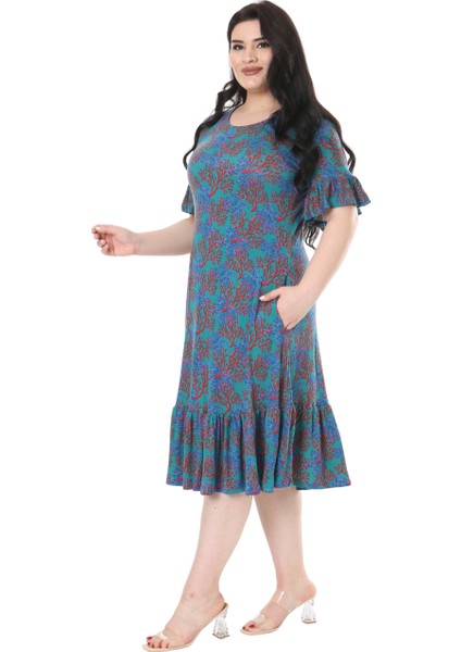 Butik Kısa Kollu Fırfırlı Cepli Mavi Küçük Mercan Desenli Midi Elbise