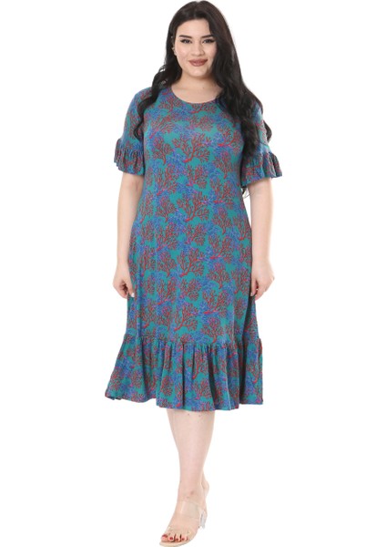 Butik Kısa Kollu Fırfırlı Cepli Mavi Küçük Mercan Desenli Midi Elbise