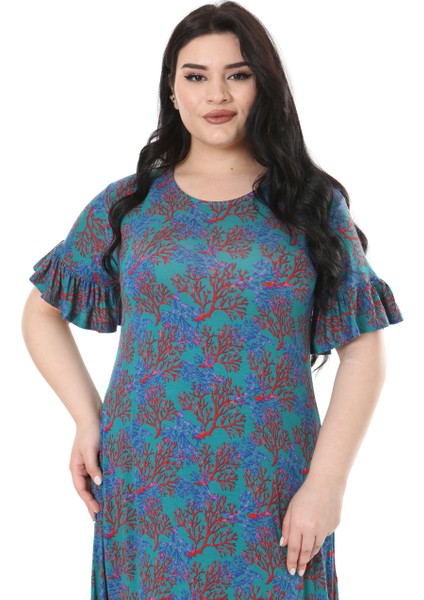 Butik Kısa Kollu Fırfırlı Cepli Mavi Küçük Mercan Desenli Midi Elbise