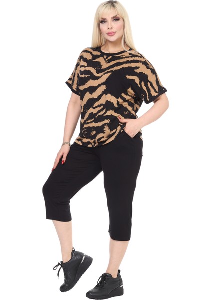 Butik Siyah Zebra Desen Çapraz Cep Detaylı Kapri Takım