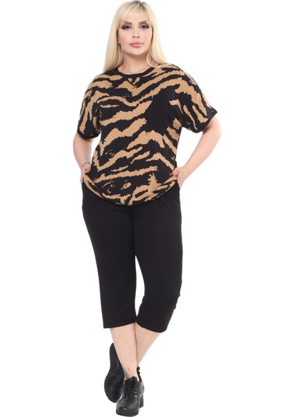 Butik Siyah Zebra Desen Çapraz Cep Detaylı Kapri Takım modelleri