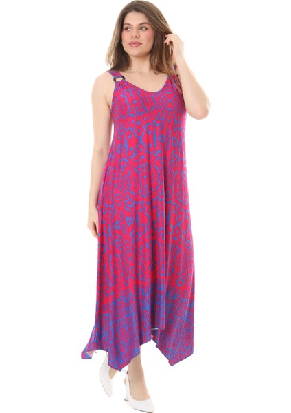 Butik Pembe Mavi Kilim Desen Askılı V Yaka Elbise fırsatları