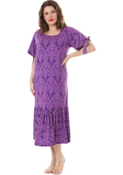 Butik Mor Dantel Desen Kolları Bağlamalı Kısa Kollu Kadın Midi Elbise fiyatları