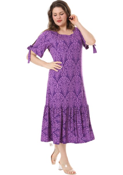 Butik Mor Dantel Desen Kolları Bağlamalı Kısa Kollu Kadın Midi Elbise modelleri