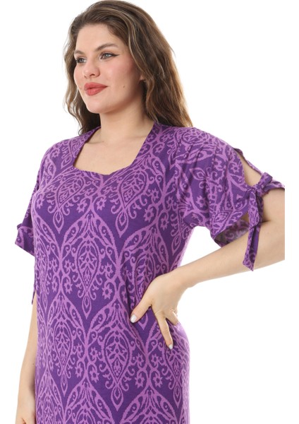 Butik Mor Dantel Desen Kolları Bağlamalı Kısa Kollu Kadın Midi Elbise fırsatları