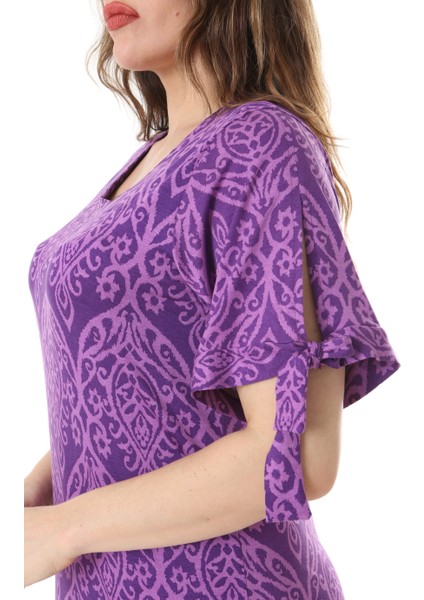 Butik Mor Dantel Desen Kolları Bağlamalı Kısa Kollu Kadın Midi Elbise indirimleri