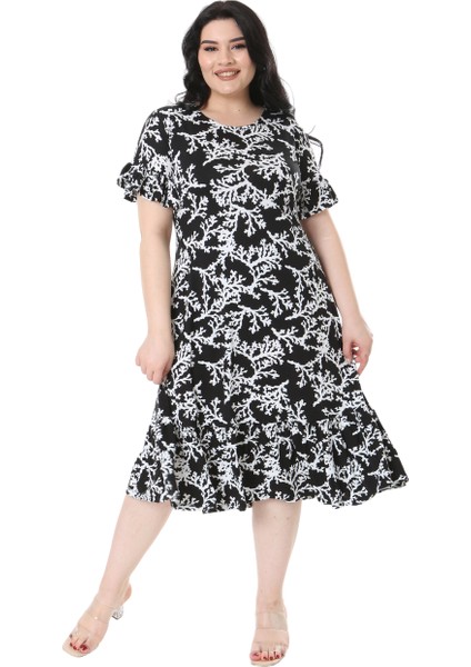 Butik Kısa Kollu Fırfırlı Cepli Siyah Beyaz Mercan Desenli Midi Elbise