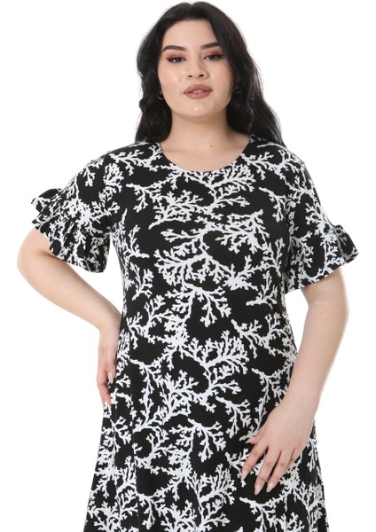 Butik Kısa Kollu Fırfırlı Cepli Siyah Beyaz Mercan Desenli Midi Elbise fırsatları
