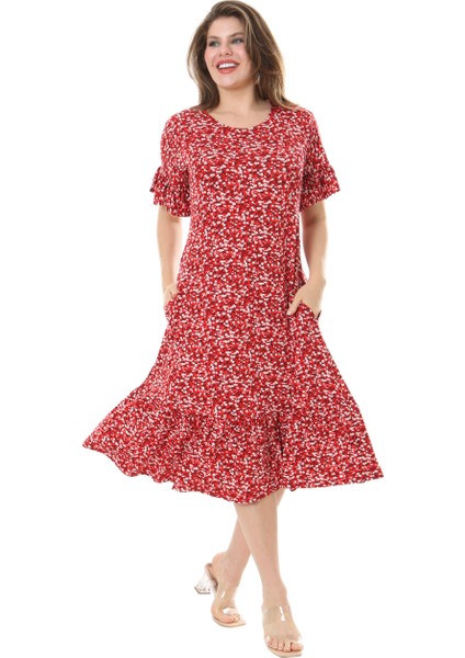 Butik Fırfırlı Cepli Kırmızı Çıtır Desenli Kısa Kollu Midi Elbise