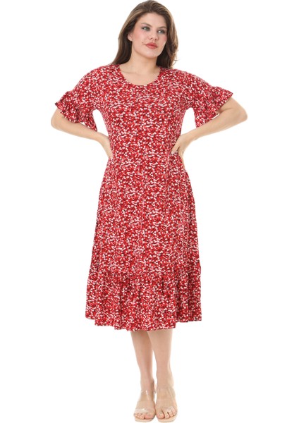 Butik Fırfırlı Cepli Kırmızı Çıtır Desenli Kısa Kollu Midi Elbise