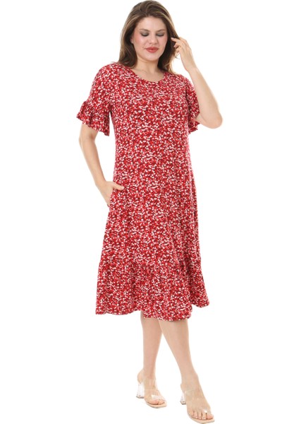 Butik Fırfırlı Cepli Kırmızı Çıtır Desenli Kısa Kollu Midi Elbise
