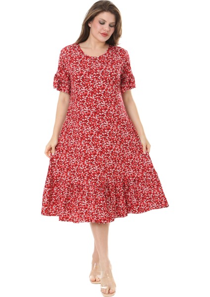 Butik Fırfırlı Cepli Kırmızı Çıtır Desenli Kısa Kollu Midi Elbise