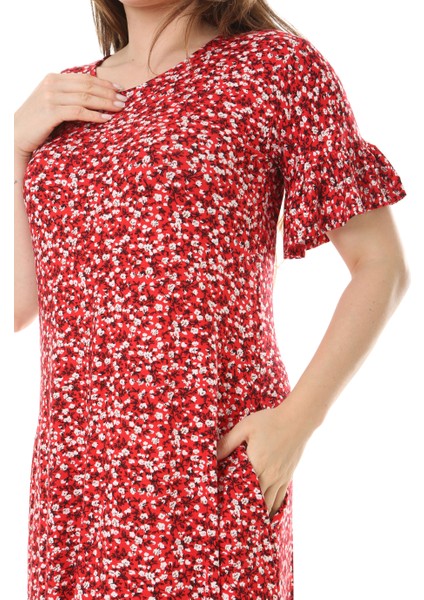 Butik Fırfırlı Cepli Kırmızı Çıtır Desenli Kısa Kollu Midi Elbise