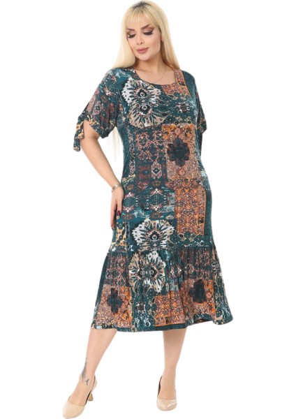 Butik Petrol Etnik Desen Kolları Bağlamalı Kısa Kollu Kadın Midi Elbise