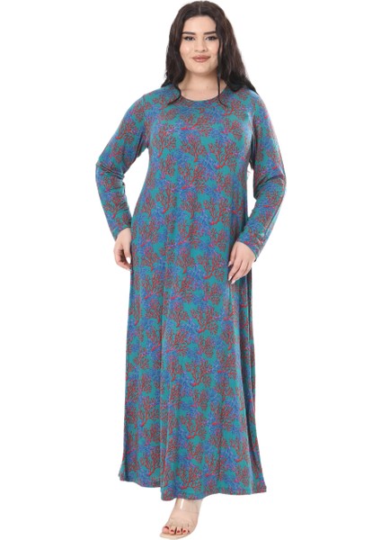 Butik Mavi Kırmızı Mercan Desen Uzun Kollu Kadın Elbise