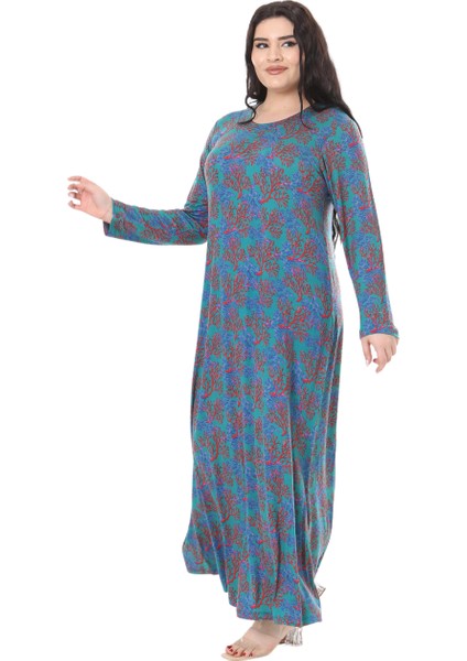 Butik Mavi Kırmızı Mercan Desen Uzun Kollu Kadın Elbise