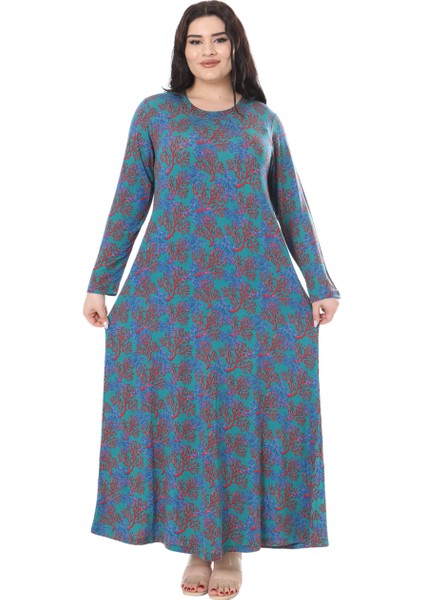 Butik Mavi Kırmızı Mercan Desen Uzun Kollu Kadın Elbise