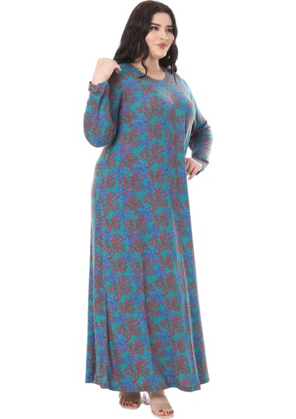 Butik Mavi Kırmızı Mercan Desen Uzun Kollu Kadın Elbise