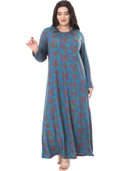 Butik Mavi Kırmızı Mercan Desen Uzun Kollu Kadın Elbise