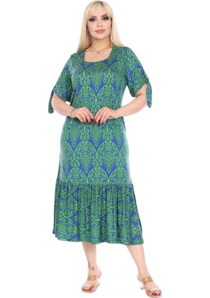 Butik Yeşil Dantel Desen Kolları Bağlamalı Kısa Kollu Kadın Midi Elbise