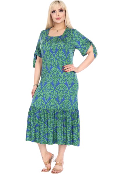 Butik Yeşil Dantel Desen Kolları Bağlamalı Kısa Kollu Kadın Midi Elbise fiyatları
