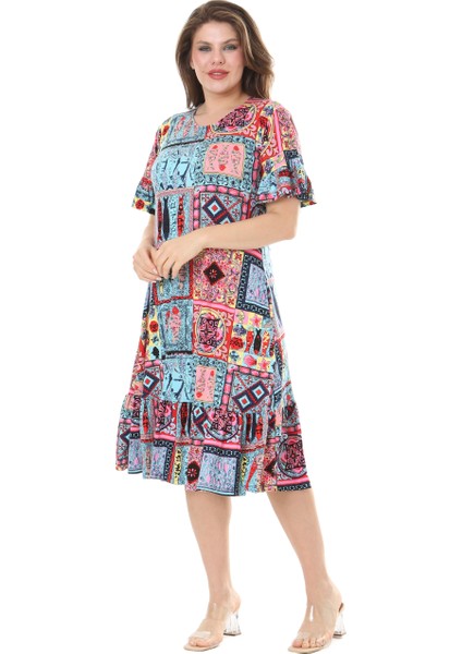 Butik Kısa Kollu Fırfırlı Cepli Mavi Çini Desenli Midi Elbise
