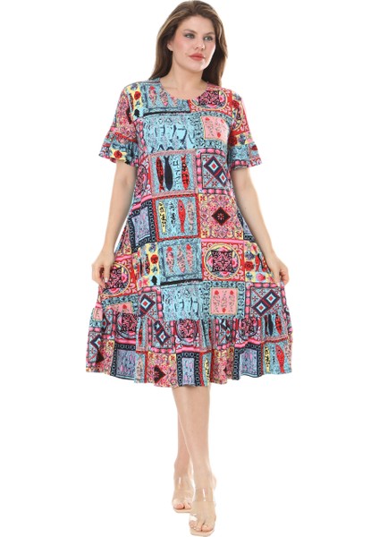 Butik Kısa Kollu Fırfırlı Cepli Mavi Çini Desenli Midi Elbise