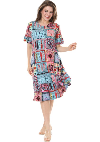 Butik Kısa Kollu Fırfırlı Cepli Mavi Çini Desenli Midi Elbise