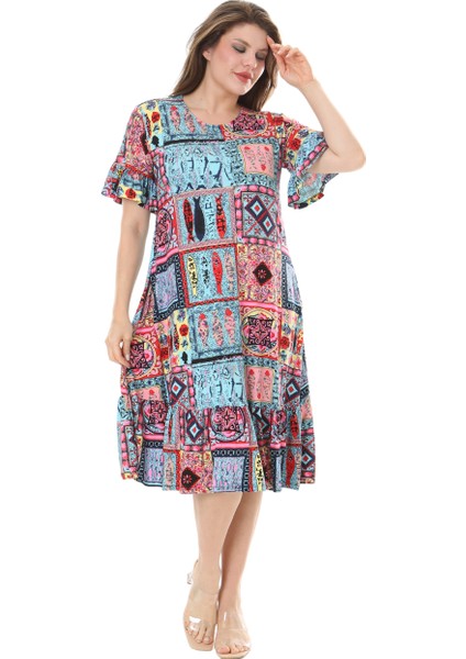 Butik Kısa Kollu Fırfırlı Cepli Mavi Çini Desenli Midi Elbise