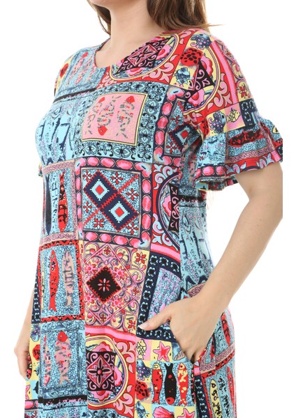 Butik Kısa Kollu Fırfırlı Cepli Mavi Çini Desenli Midi Elbise