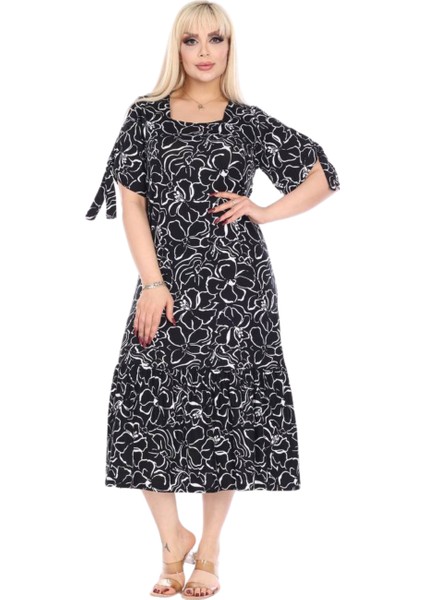 Butik Siyah Çiçek Desen Kolları Bağlamalı Kısa Kollu Kadın Midi Elbise