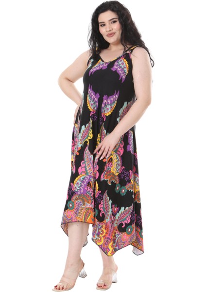 Butik Siyah Renkli Şal Desenli Askılı V Yaka Elbise fiyatları
