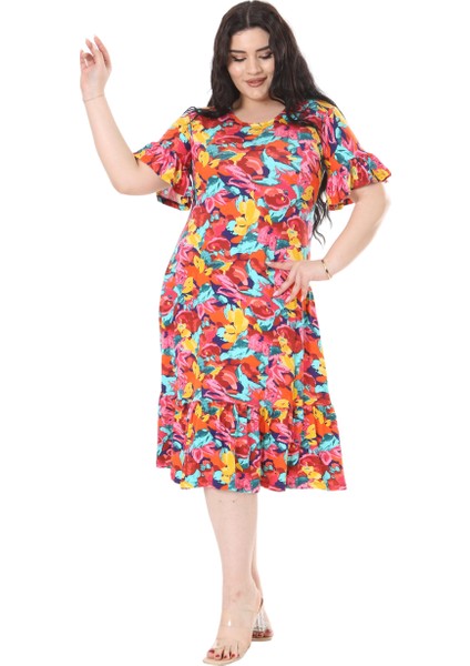Butik Kısa Kollu Fırfırlı Cepli Sarı Gül Desenli Midi Elbise modelleri