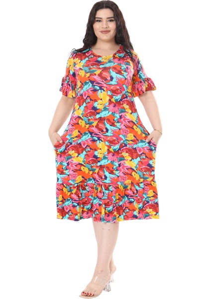 Butik Kısa Kollu Fırfırlı Cepli Sarı Gül Desenli Midi Elbise fırsatları