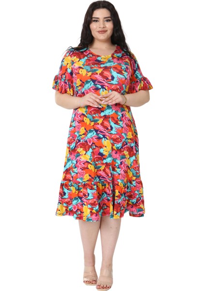 Butik Kısa Kollu Fırfırlı Cepli Sarı Gül Desenli Midi Elbise indirimleri